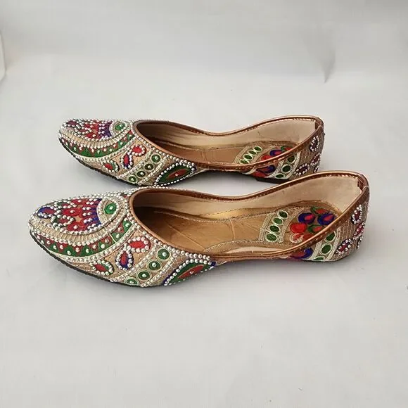 Step N Style Ladies Traditional Punjabi Gold Flat Indian Leather Embroidered .. - Picture 3 of 5